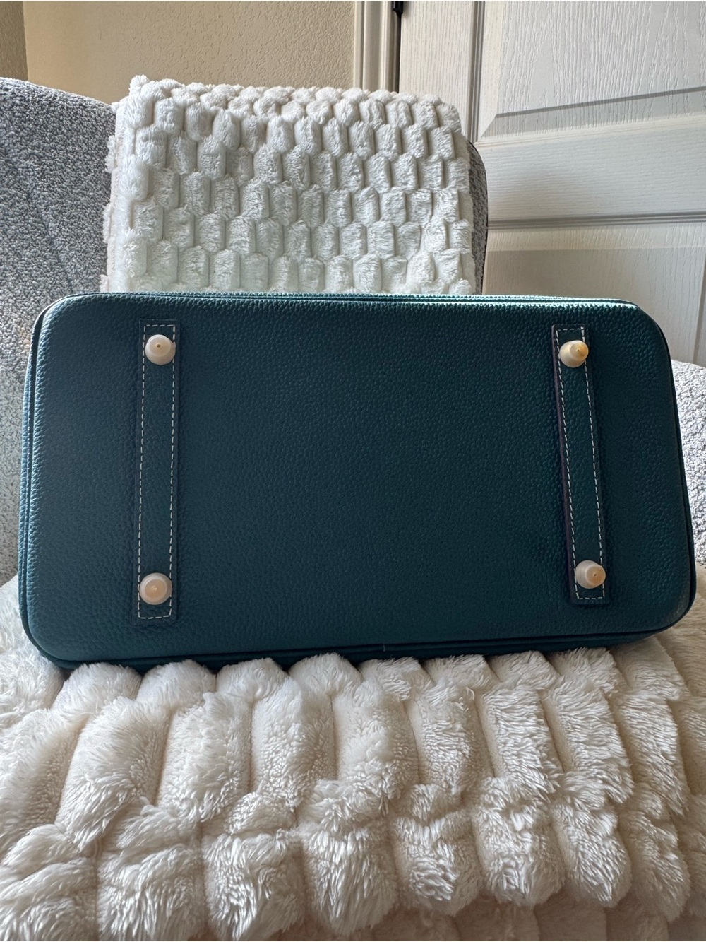30 cm Elegant Teal Leather Top-Handle Bag - Picture 4 of 8